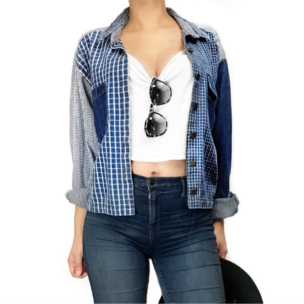 Vintage Denim Plaid Patchwork Button Up